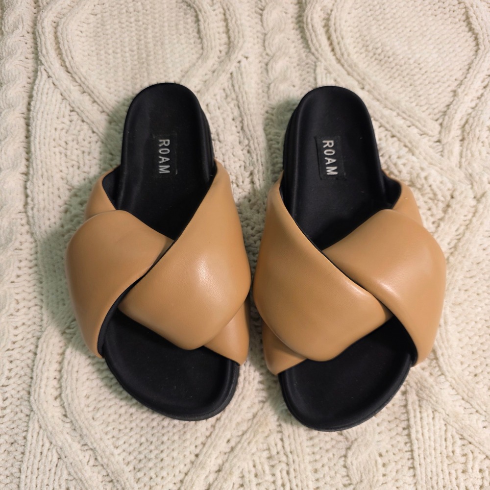 ROAM Puffy Slide Sandal Tan Brown Cross Strap Women 37 6-6.5 NEW